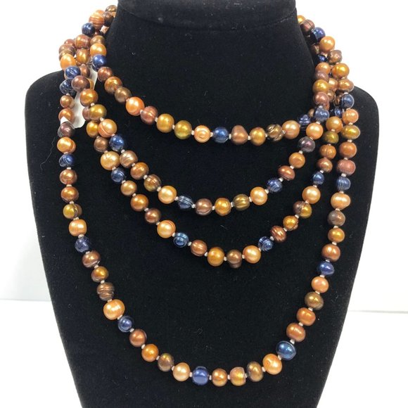Blue Freshwater Pearl Necklace Extra Long Copper - Picture 3 of 7